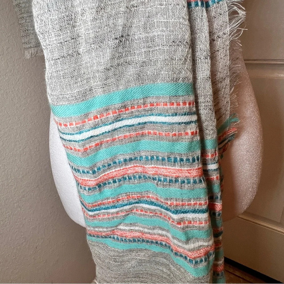 J. Jill Womens Jacquard-Woven Multi Stripe Scarf Fringe Cotton 72" x 25" - Picture 5 of 9